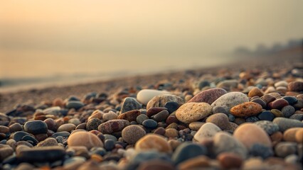 Close up of colorful pebbles on a beach at sunset