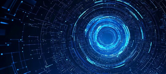 Futuristic abstract tunnel with glowing blue light and digital data stream