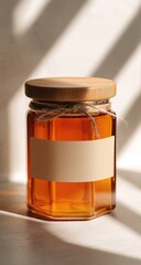 Honey jar with wooden lid and cream-colored label, sunlit