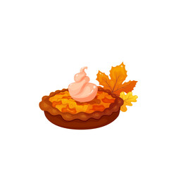 Vector illustration of pumpkin pie with cream on white background. Thanksgiving and Halloween. Autumn holidays.