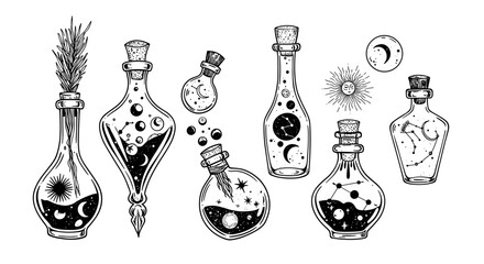 Magical potion bottles with celestial designs in black and white fantasy style