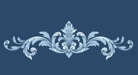 Fototapeta premium Elegant baroque ornament on blue background with symmetrical floral pattern