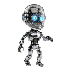Friendly Chrome Robot, Futuristic Design, Walking, Blue Glowing Eyes, Technology Concept