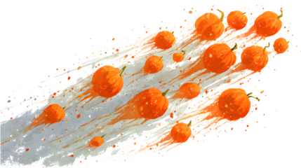 Outer space meteors shaped like pumpkins, ghost comets streaking across, isolated on white background