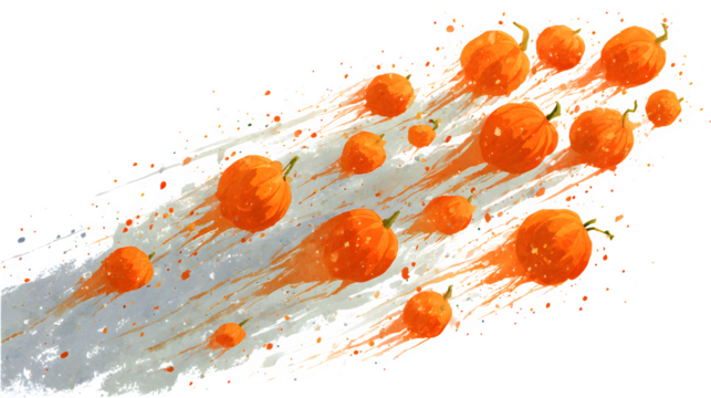 Outer space meteors shaped like pumpkins, ghost comets streaking across, isolated on white background