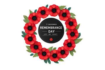 Remembrance day wreath with red poppies isolated on transparent background
