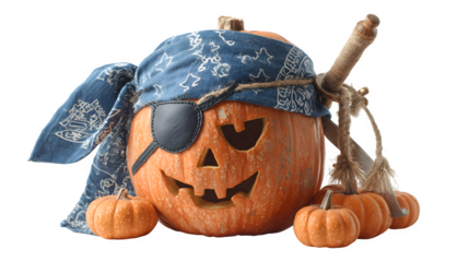 Pirate pumpkin with eye patch, bandana, and toy sword, isolated on white