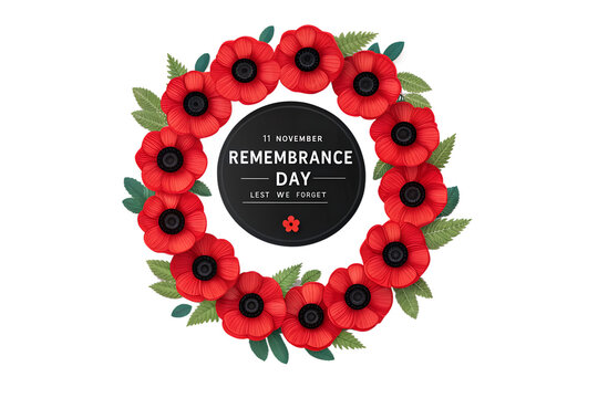 Remembrance day wreath with red poppies isolated on transparent background