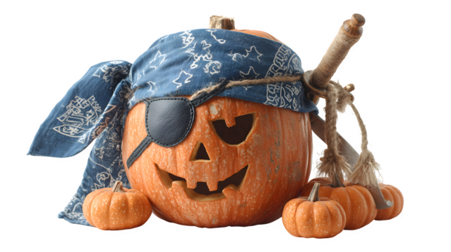 Pirate pumpkin with eye patch, bandana, and toy sword, isolated on white