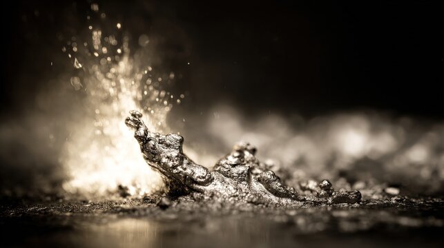 submicroscopic. A single, complex, glowing molecule emerges from a dark, primordial aqueous solution, symbolizing the spark of life. STEM education sheets.
