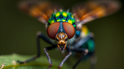 Macro photo of a colourful Dolichopodidae fly, insect, close up