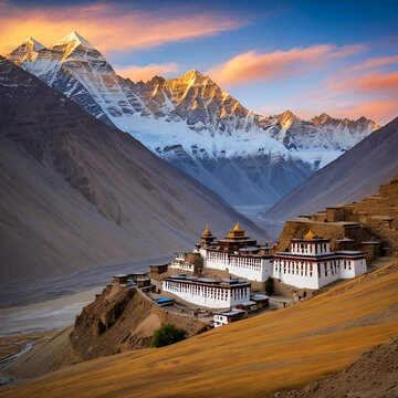 Picturesque view of the Key Gompa Monastery (4166 m) at sunrise. Spiti valley, Himachal Pradesh, India.