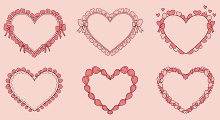 Romantic heart frames with floral and bow accents in pastel tones