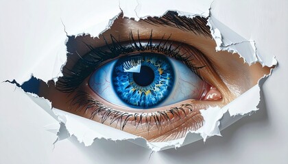 A vibrant blue eye peers intensely through a ragged hole torn in white paper, watching secretly and observing the world