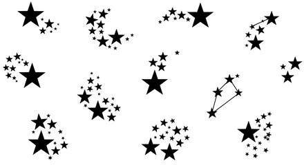 Celestial star patterns and constellations in black silhouette on white background