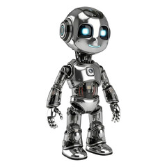 Friendly Chrome Robot, Futuristic Design, 3D Render, Isolated on Black Background, Cheerful Expression, Technology Concept, AI, Artificial Intelligence, Modern Robotics.