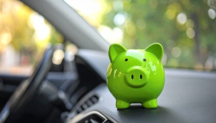 A vibrant green piggy bank sits on a car's dashboard, representing savings for vehicle purchase, insurance, or fuel costs