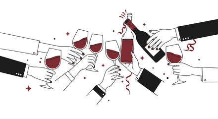Celebration cheers: diverse hands toasting with wine in minimalist style