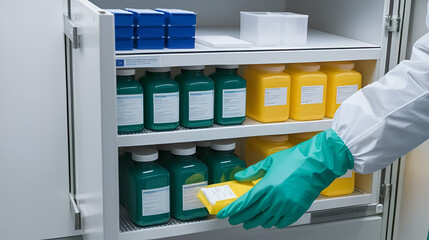 Gloved hands handling sensitive antiviral compound intermediates under a biosafety cabinet in a chemical containment laboratory.