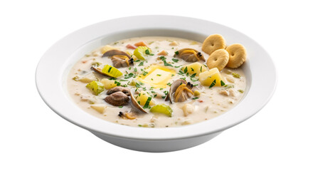 Creamy clam chowder soup with crackers isolated on transparent background