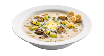Creamy clam chowder soup with crackers isolated on transparent background