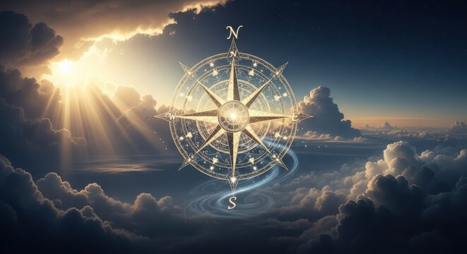 Celestial Compass Guiding Through Cloudy Skies with Sunbeams