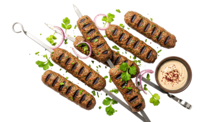Grilled kofta kebabs with parsley and sauce isolated isolated on transparent background