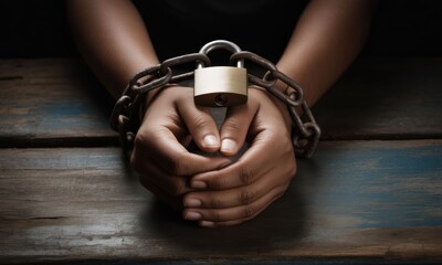 Chained hands on a wooden table