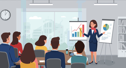 Business presentation meeting with charts in modern office setting