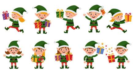 Cute cartoon elves with gifts in festive green and red suits