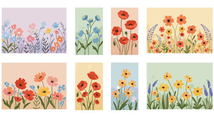 Colorful floral borders with wildflowers and blossoms on soft pastel backgrounds
