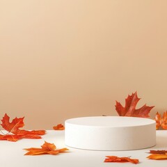 Minimal podium with orange and red fall leaves scattered around, cozy Thanksgiving vibe, perfect for product mockup