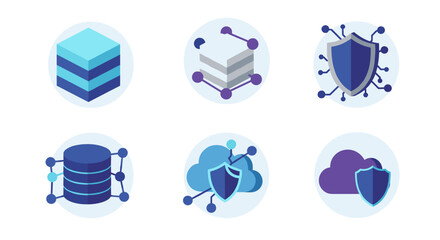 Isometric digital security and data storage icons set