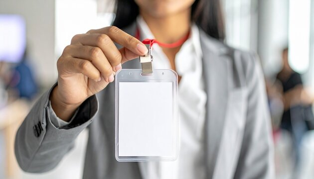 Professional business person in a grey suit holding up a blank white identification badge on a red lanyard in a corporate office setting