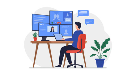 Remote work: man participating in online meeting with multiple monitors and chat bubbles