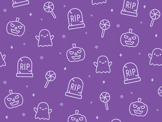 Seamless Halloween outline pattern with cute ghosts, pumpkins, gravestones, and candies on purple background. Perfect for fabric prints, invitations, or party supplies.