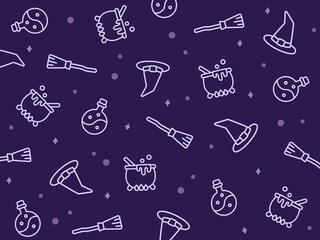 Witch halloween-themed outline pattern with hats, cauldrons, poison bottles, and flying brooms on dark purple background. Ideal for packaging, wallpapers, or spooky event posters.