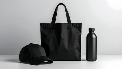 A minimalist studio shot featuring a black baseball cap, a black canvas tote bag, and a black reusable water bottle, all blank and ready for branding.