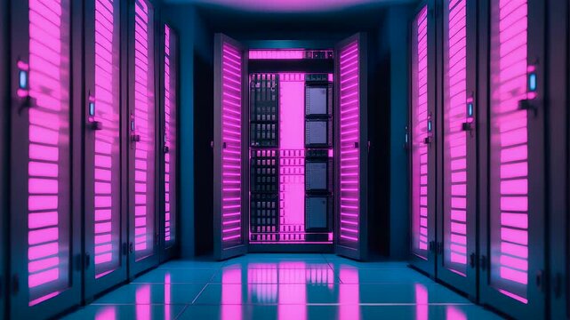 Modern illuminated data center corridor with rows of glowing pink server racks, high technology infrastructure and digital storage facility