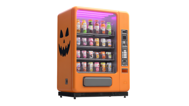 Pumpkin as a candy vending machine with neon glow buttons, isolated on white