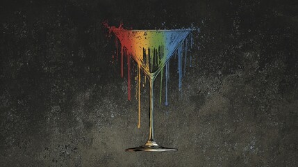 draining. An abstract visualization of a vibrant colorful cocktail glass slowly cracking and draining of its color against a dark background. bar promotions.