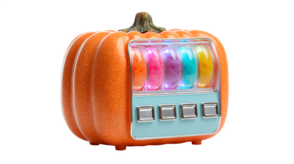 Pumpkin as a candy vending machine with neon glow buttons, isolated on white