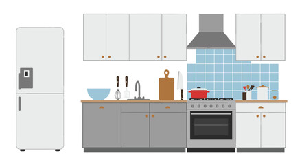 Modern kitchen interior with appliances and cabinets in flat style