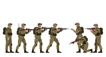 Illustration of soldiers in various tactical stances on a white background