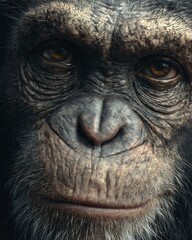 Hyper realistic close up of chimpanzee face with wrinkled skin deep eyes and lifelike fur textures