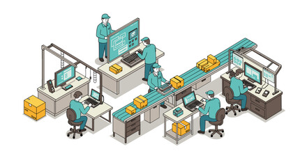 Obraz premium Isometric warehouse workflow with employees and conveyor system