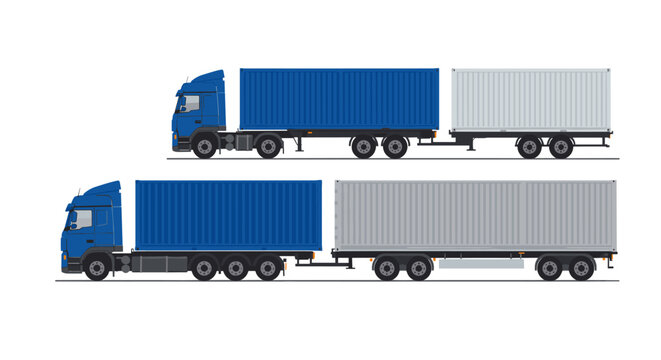 Fototapeta Realistic container trucks side view with trailers in blue and gray