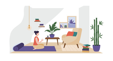 Cozy minimalist home meditation space with yoga and plants