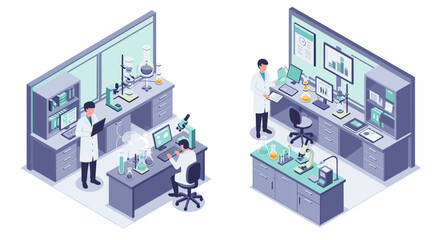 Modern laboratory research scene with scientists in isometric view