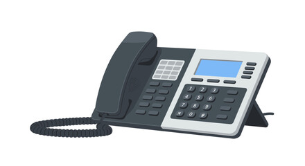 Modern office desk telephone with digital display and keypad on white background